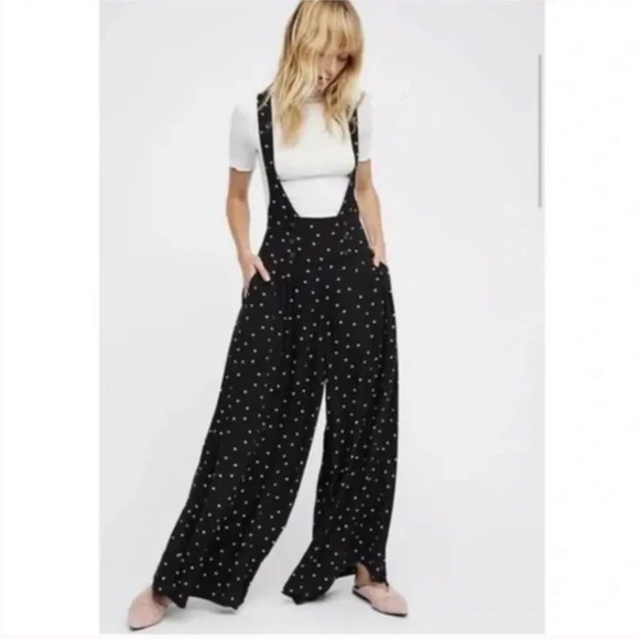 Free People Pants - Free People Keep It Jumpin’ Black White Polka Dot Overalls Jumpsuit Wide Leg